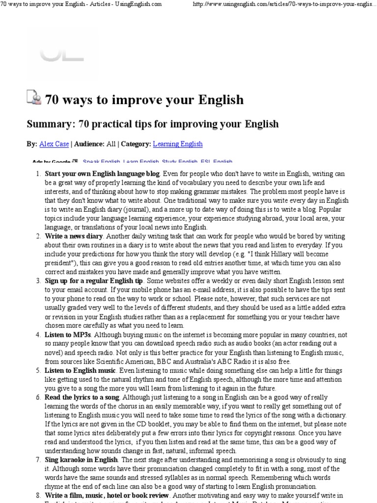 70 Ways To Improve Your English - Articles - Using English | PDF