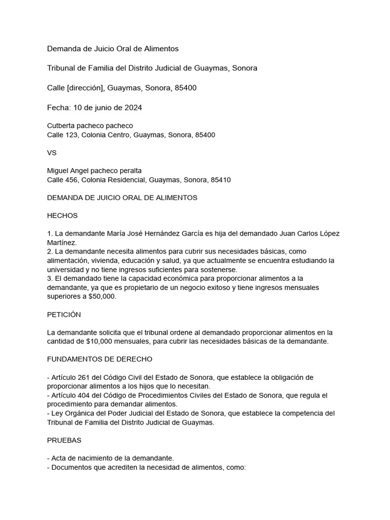 Demanda de Juicio Oral de Alimentos | PDF