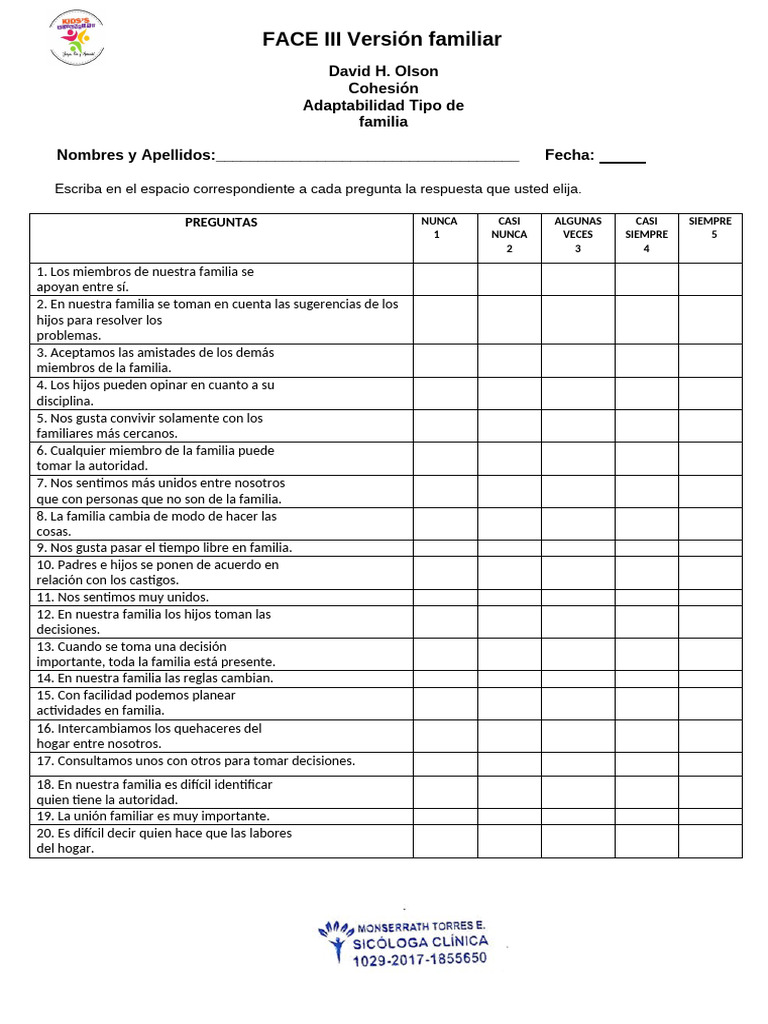 Evaluación de Cohesión Familiar FACE III | PDF