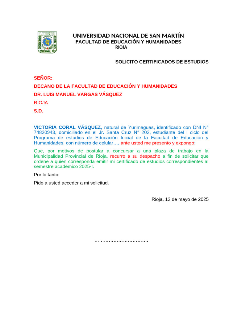 Solicitud de Certificado de Estudios 2025-I | PDF