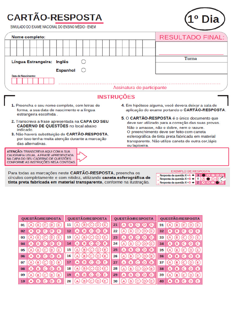Cartão Resposta 1º Dia | PDF