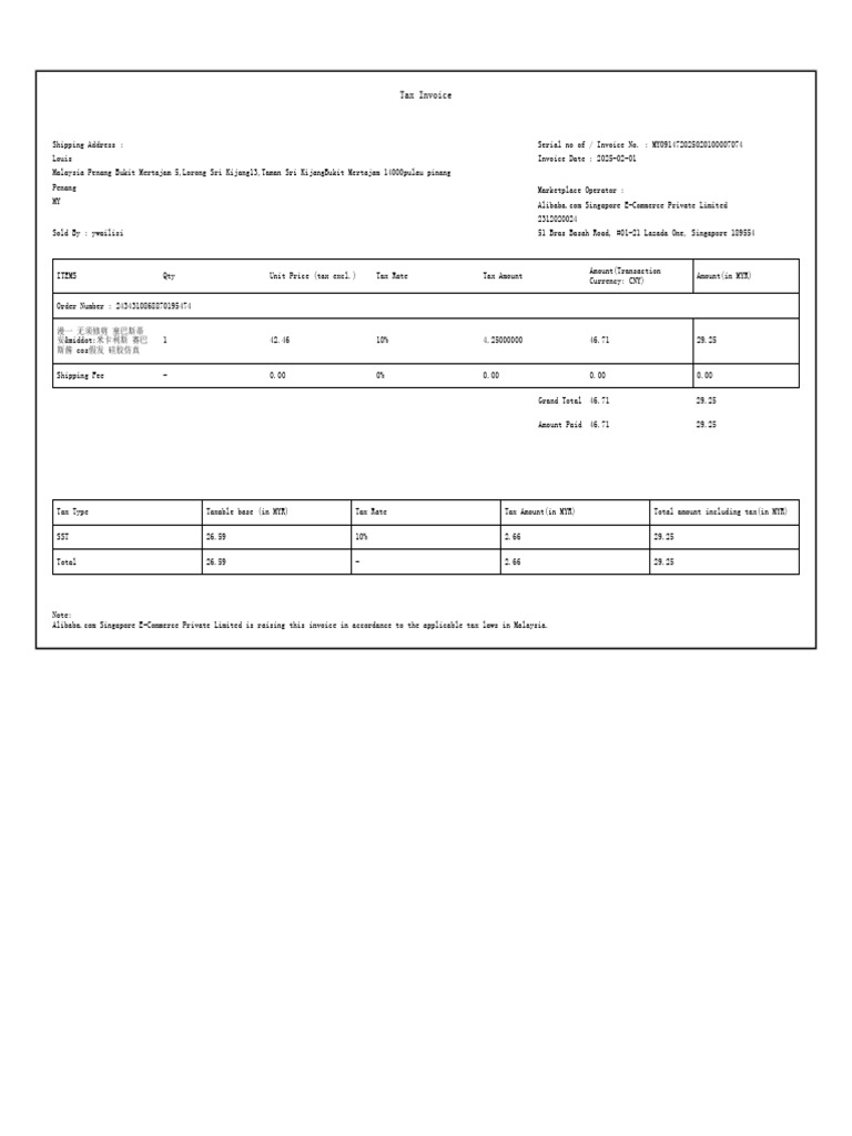Alibaba Singapore Tax Invoice Details | PDF | Business | Economies
