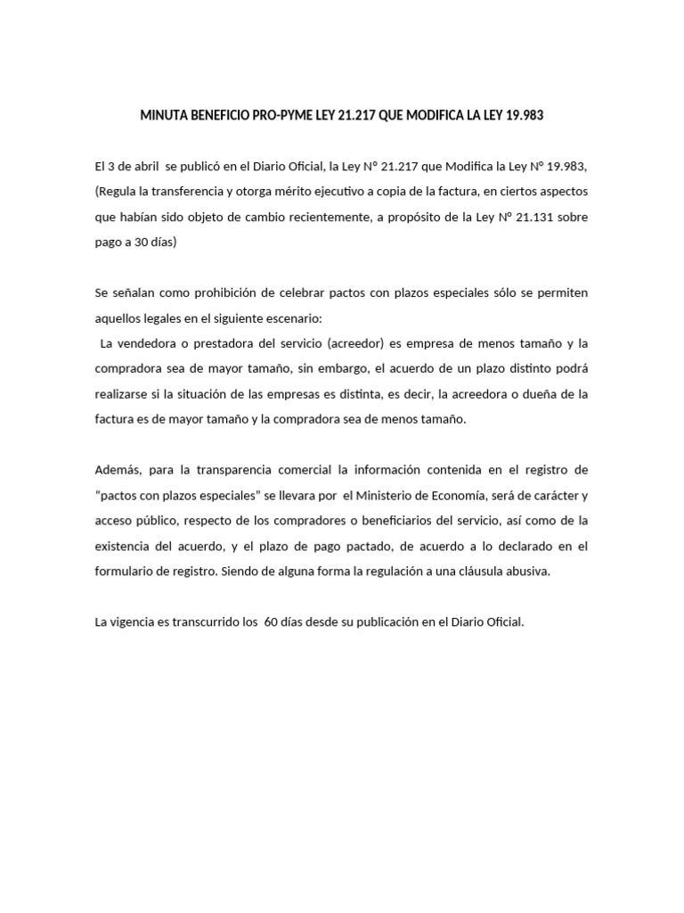 Minuta Beneficio Pro-Pyme Ley 21.217 Que Modifica La Ley 19.983 | PDF