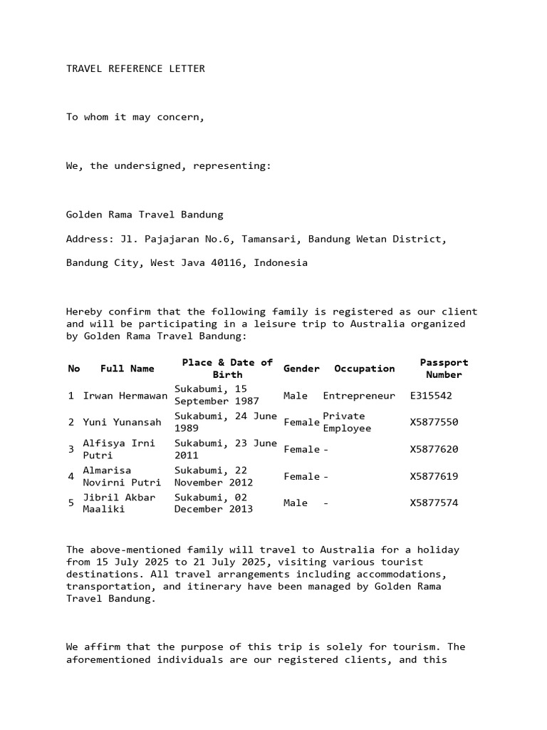 Golden Rama Travel Australia Visa Reference | PDF