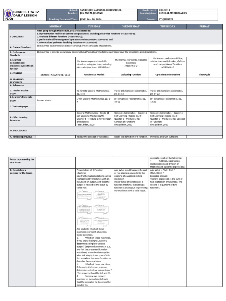 Grade 11 General Mathematics Lesson Plan | PDF | Function (Mathematics ...