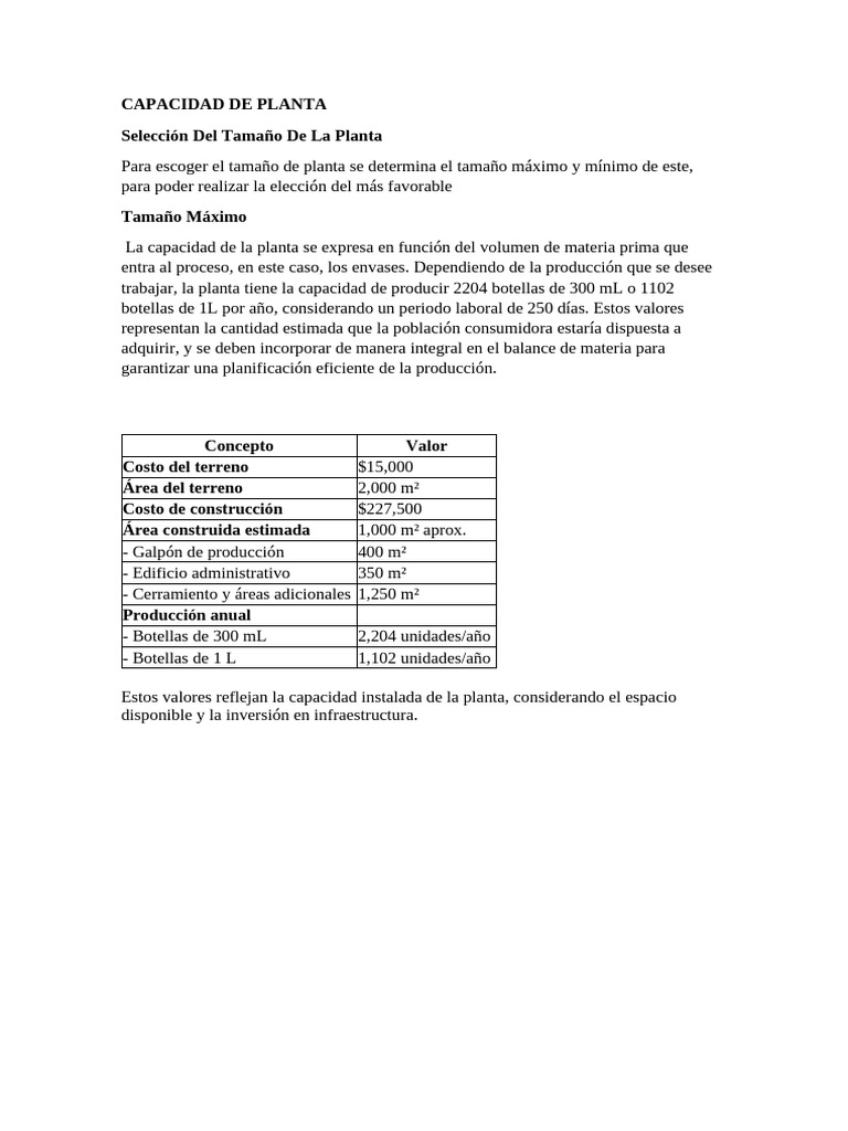 Capacidad y Tamaño de Planta de Producción | PDF
