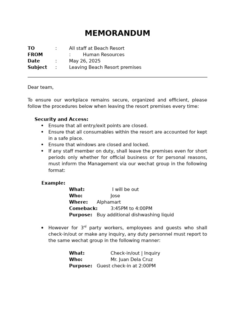 MEMORANDUM - Beach resort reporting | PDF