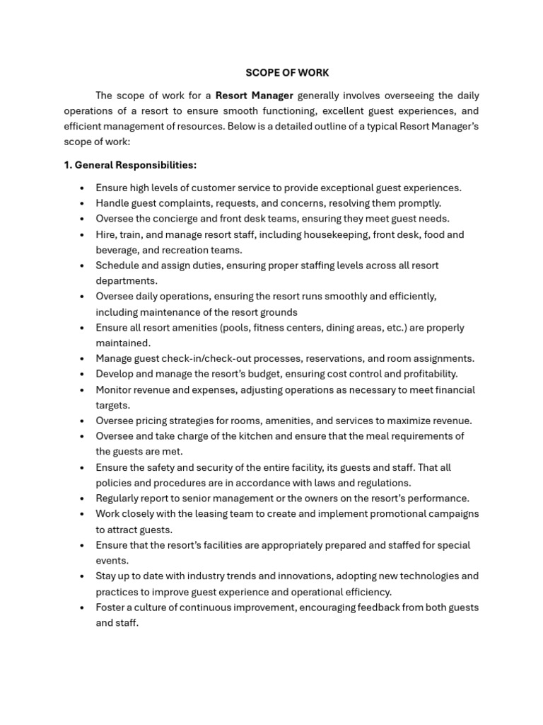 Resort Manager Job Responsibilities | PDF | Resort | Business Economics