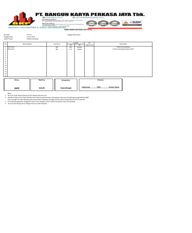 PO 157 untuk Proyek Wings Sumedang | PDF