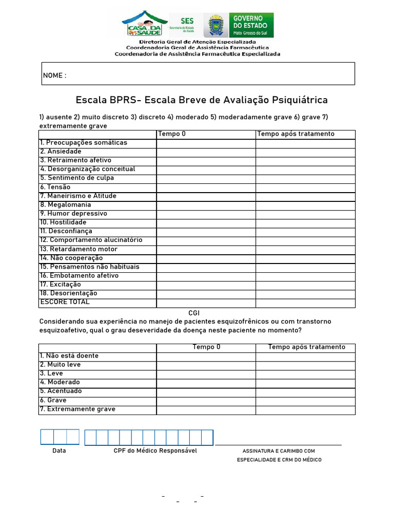 Avaliação Psiquiátrica: Escala BPRS e CGI | PDF