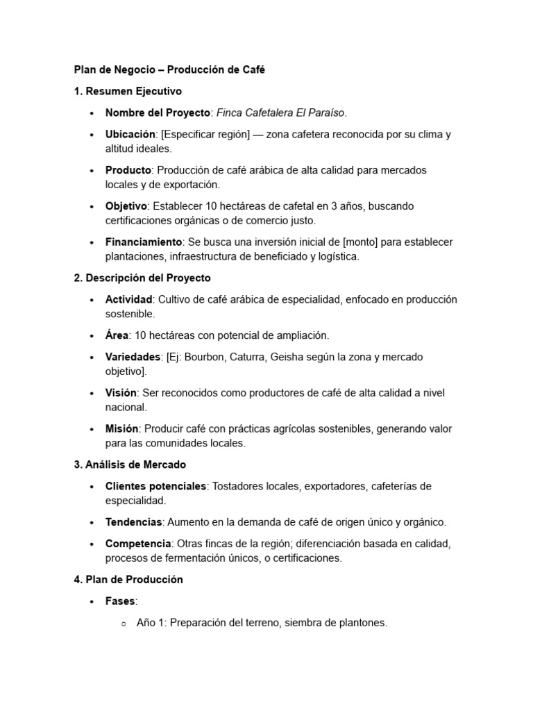 Plan de Negocio para Finca Cafetalera | PDF | café | Agricultura