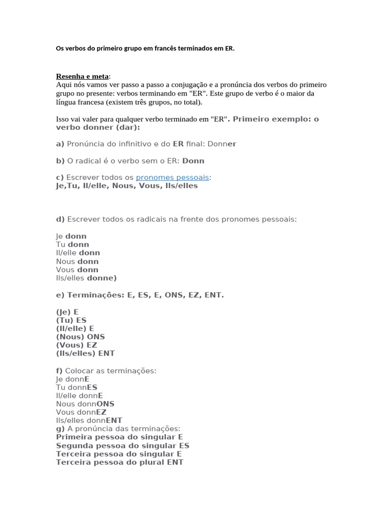 Conjugação de Verbos em ER em Francês | PDF