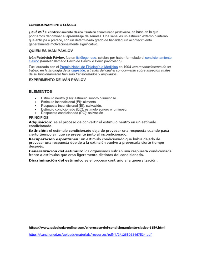 Condicionamiento Clásico de Pavlov | PDF