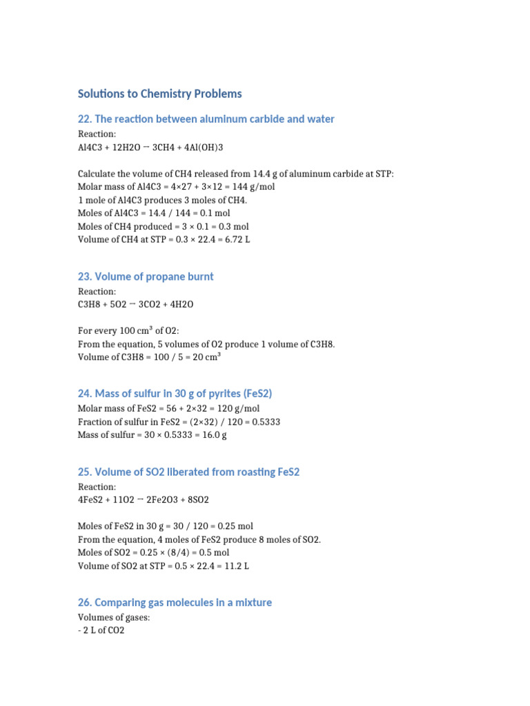 Chemistry Problem Solutions and Calculations | PDF | Mole (Unit) | Gases