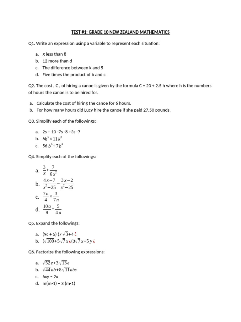 Grade 10 Math Test Answer Key | PDF