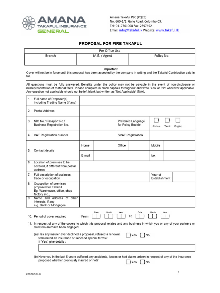 Fire Takaful Proposal Form | PDF | Storms