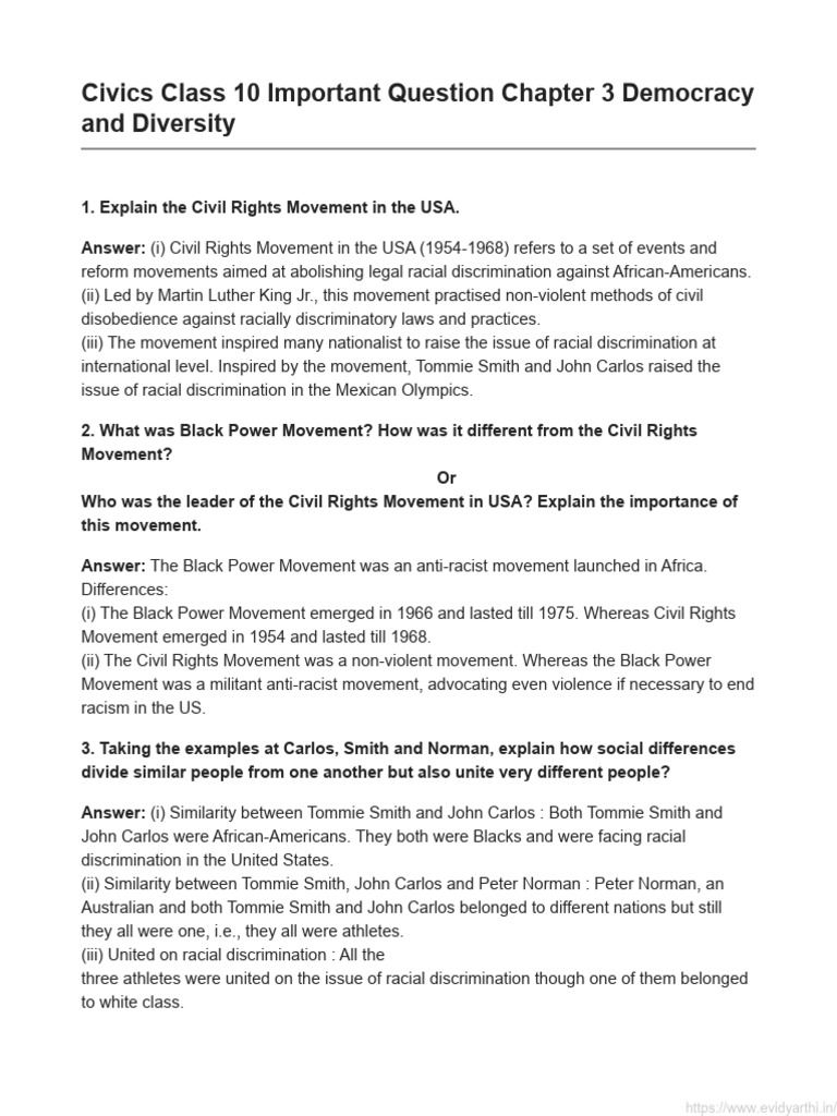 Important Questions Class 10 Civics Chapter 3 | PDF | Black Power ...