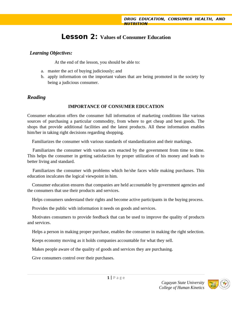 Lesson 2 Values of Consumer Education 1 | PDF | Civil Society | Economies