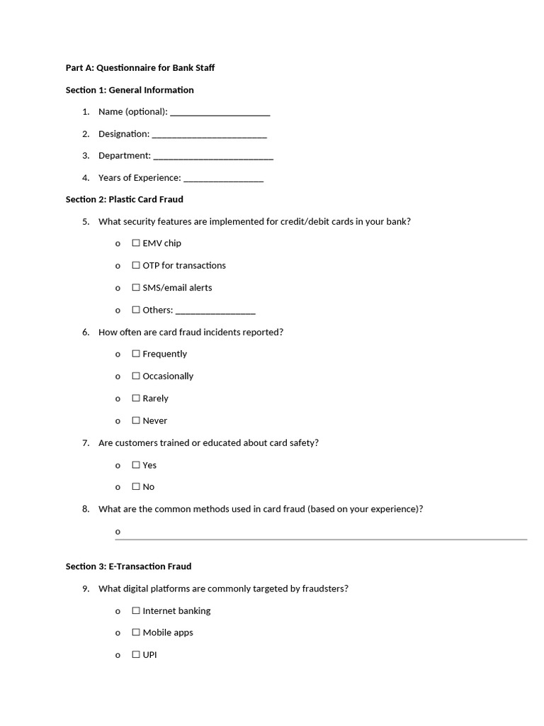 Bank Staff Fraud Prevention Questionnaire | PDF