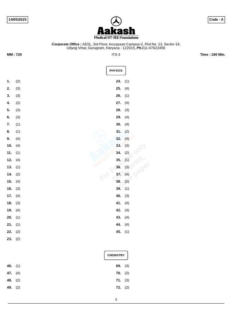 ITS-3 For NEET-2026 - Answer Key | PDF | Mole (Unit) | Chemical Equilibrium