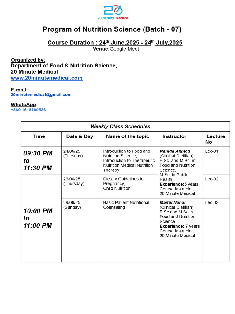 Program of Nutrition Science (Batch - 07) Class Routine | PDF ...