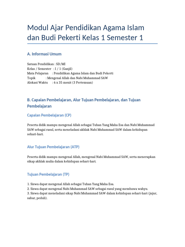 Modul Ajar PAI Kelas 1 Semester 1 | PDF