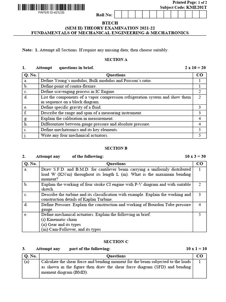 Fundamentals of Mechanical Engineering Mechatronics Kme201t | PDF ...