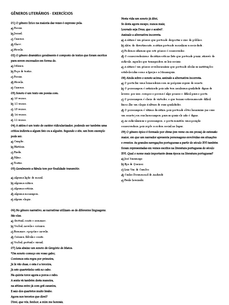 Exercícios sobre Gêneros Literários | PDF | Sátira | Sonetos