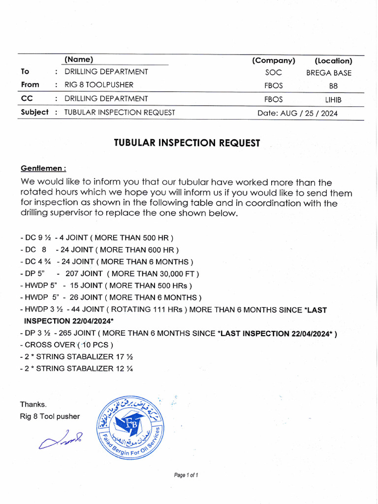 Tubular Inspection Report - Faiad Bergin Co. | PDF