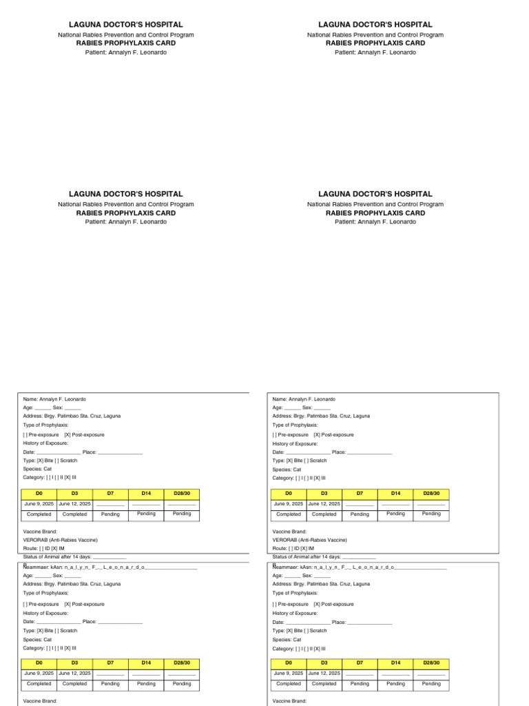 Rabies Prophylaxis Card for Patients | PDF | Rabies | Veterinary Medicine