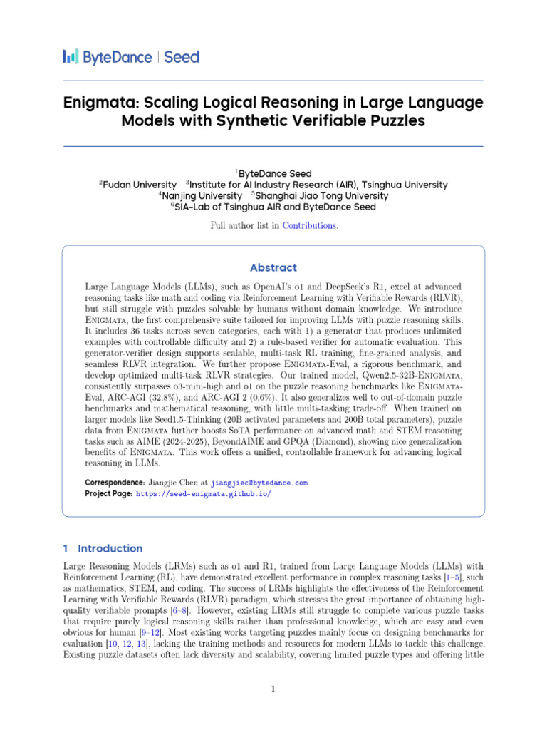 Enhancing LLMs with Enigmata Puzzles | PDF