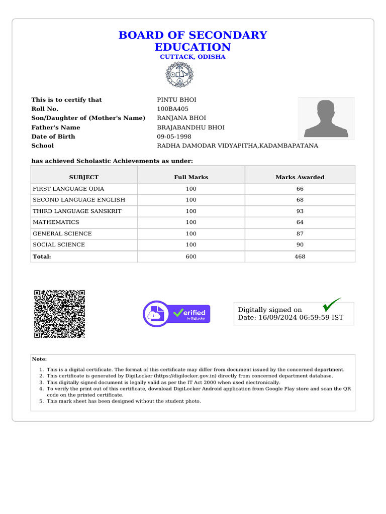 BSE Odisha Digital Certificate Details | PDF
