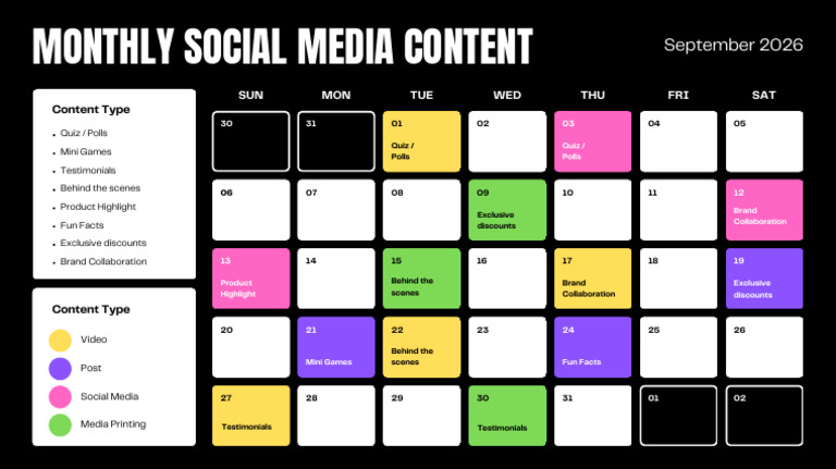 Black Colorful Modern Simple Monthly Social Media Content Calendar ...