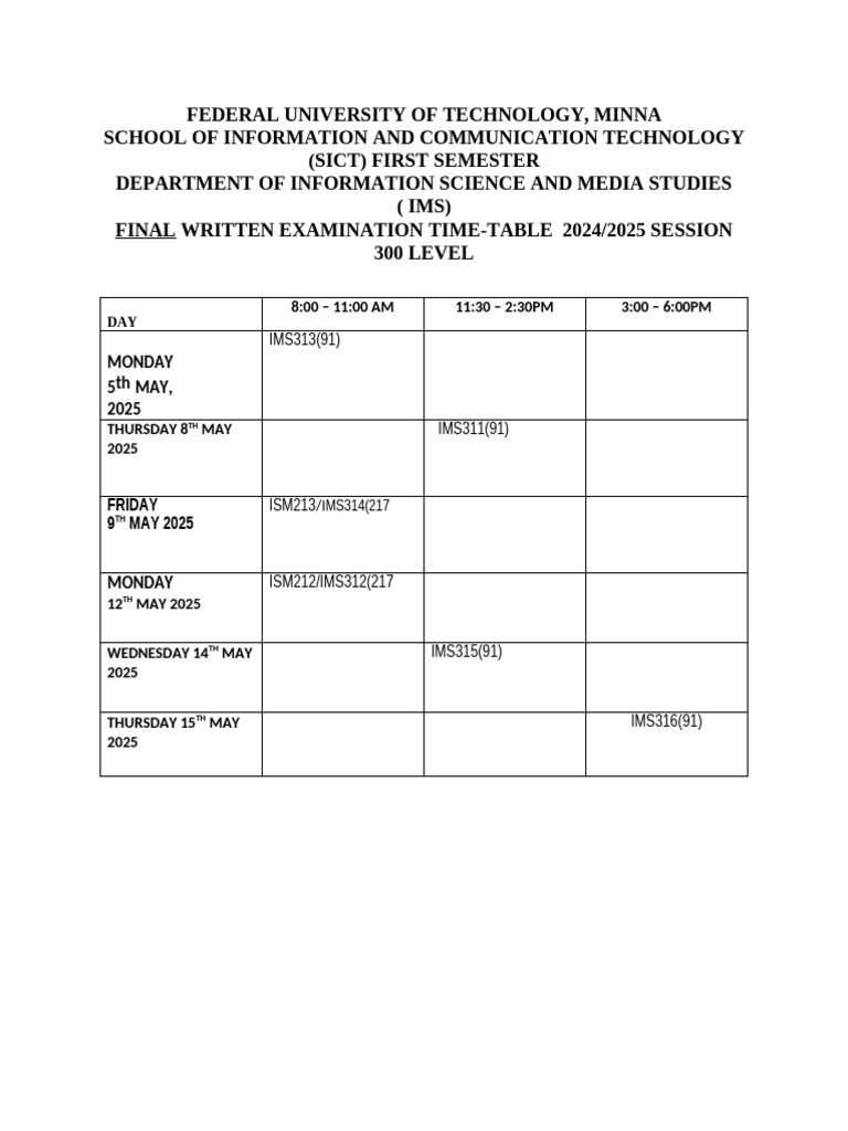 Federal University of Technology Ims Timetable | PDF