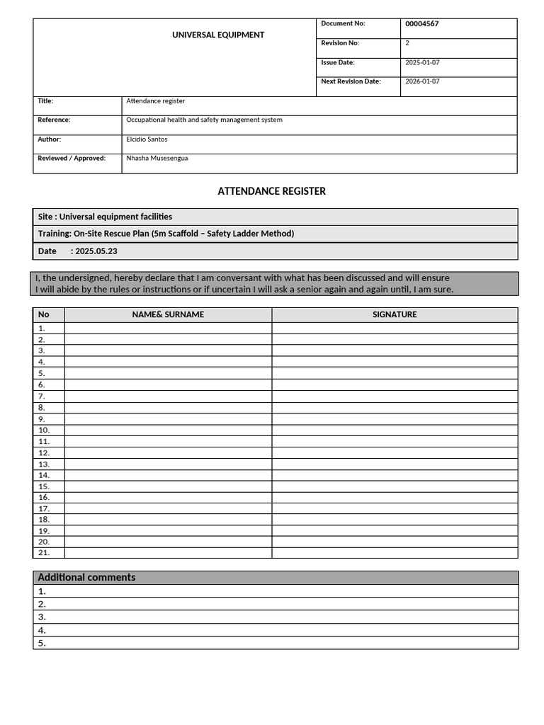 Attendance Register On-Site Rescue Plan (5m Scaffold - Safety Ladder ...