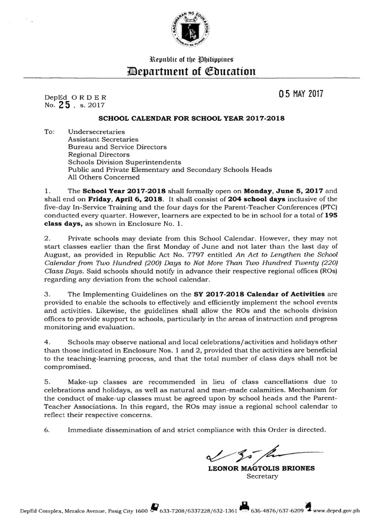 DO - s2017 - 025 DepEd Calendar 17-18 | PDF