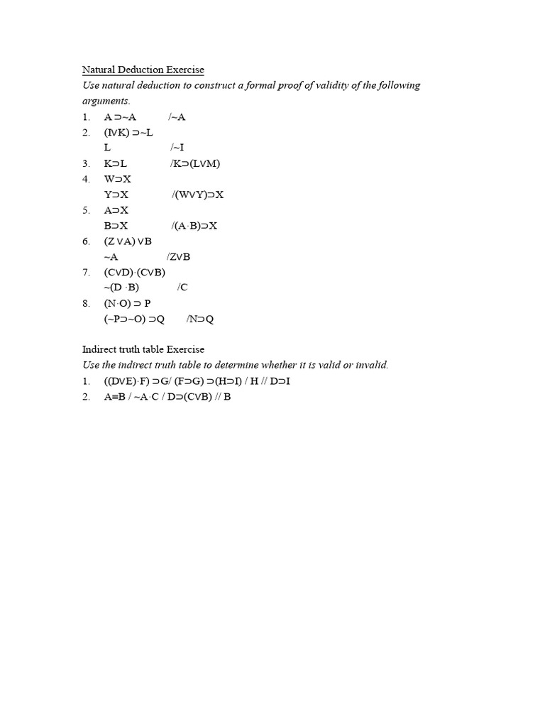 Extra Exercise For Natural Deduction and Indirect Truth Table | PDF ...