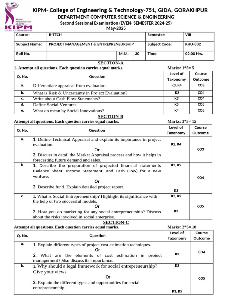 Question Paper PME 4th | PDF | Entrepreneurship | Risk