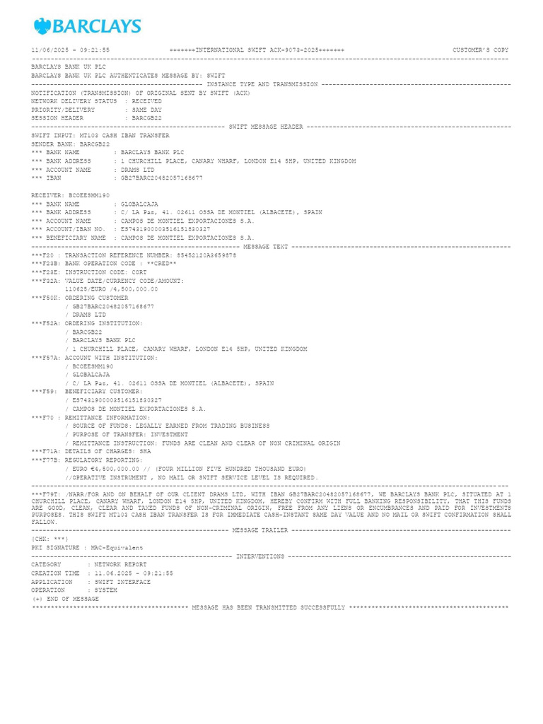 SWIFT MT103 Transfer Confirmation | PDF | Service Industries