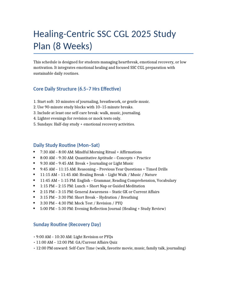 Healing Study Routine for SSC CGL 2025 | PDF