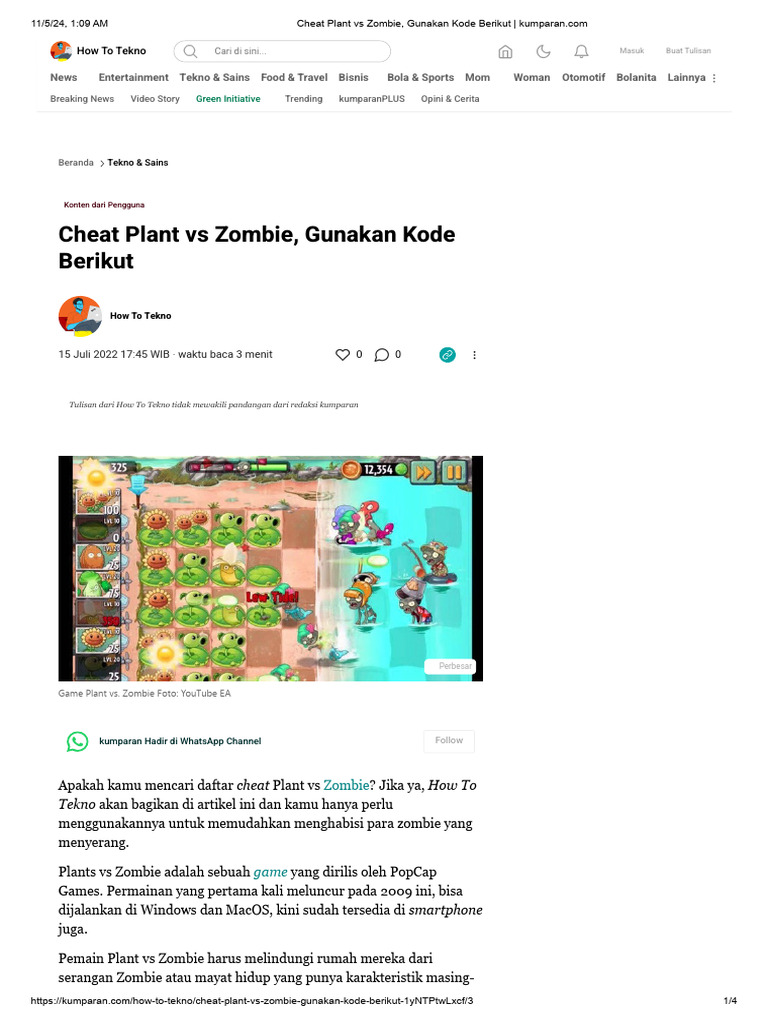 Cheat Plant Vs Zombie, Gunakan Kode Berikut PDF