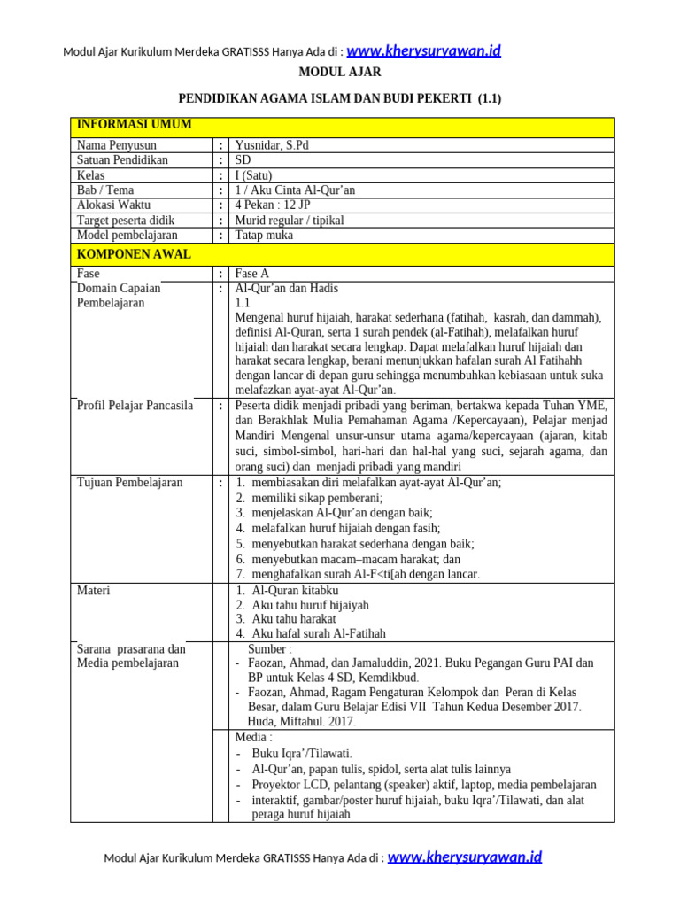 Modul Ajar PAI Kelas 1 SD Gratis | PDF
