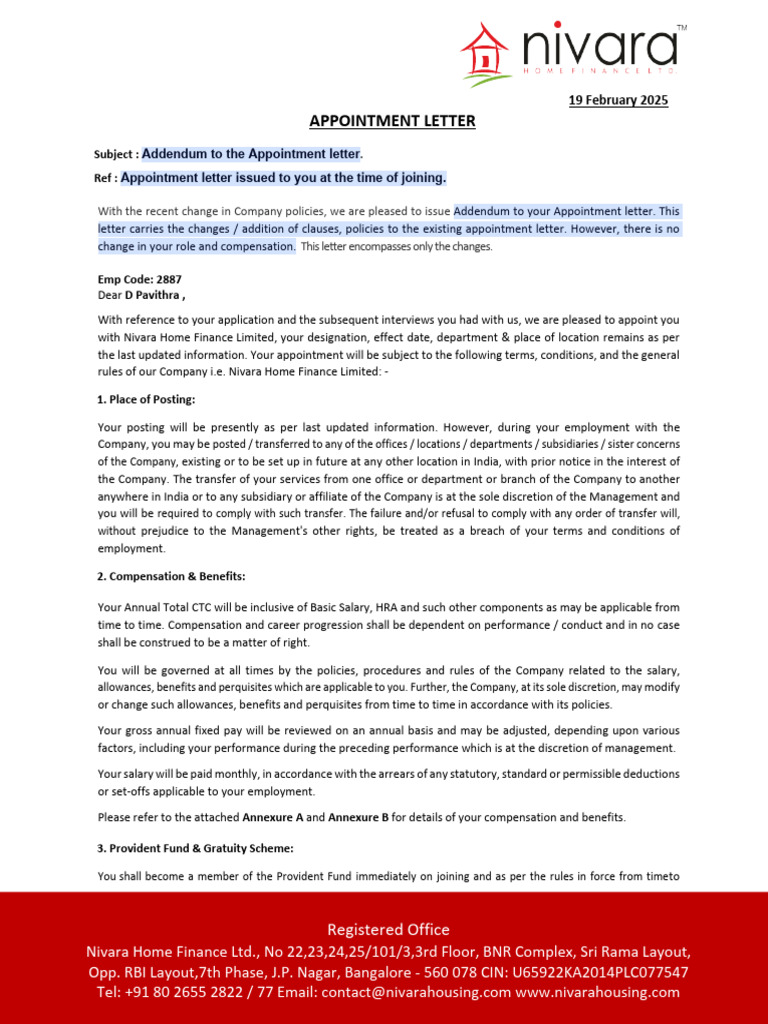 Addendum Appointment Letter - 2887 | PDF | Employment | Arbitration