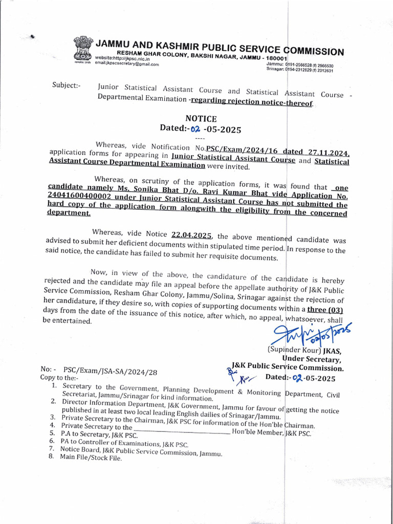 Rejection Notice of Junior Assistant Course and Statistical Assistant ...