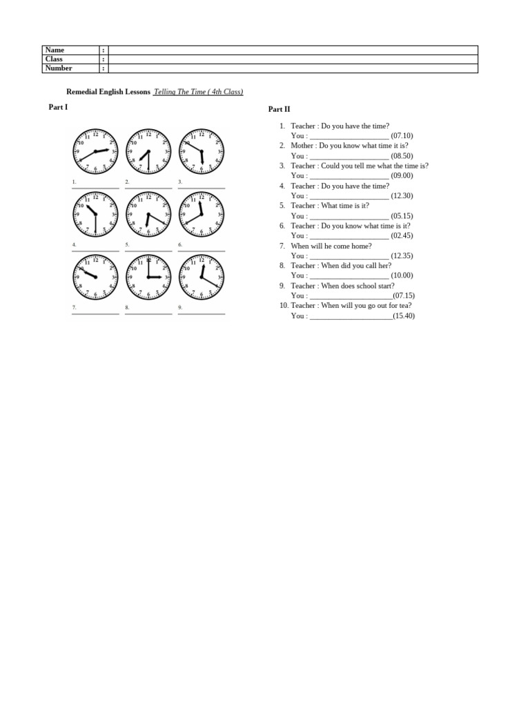 Telling Time Exercises for 4th Class | PDF