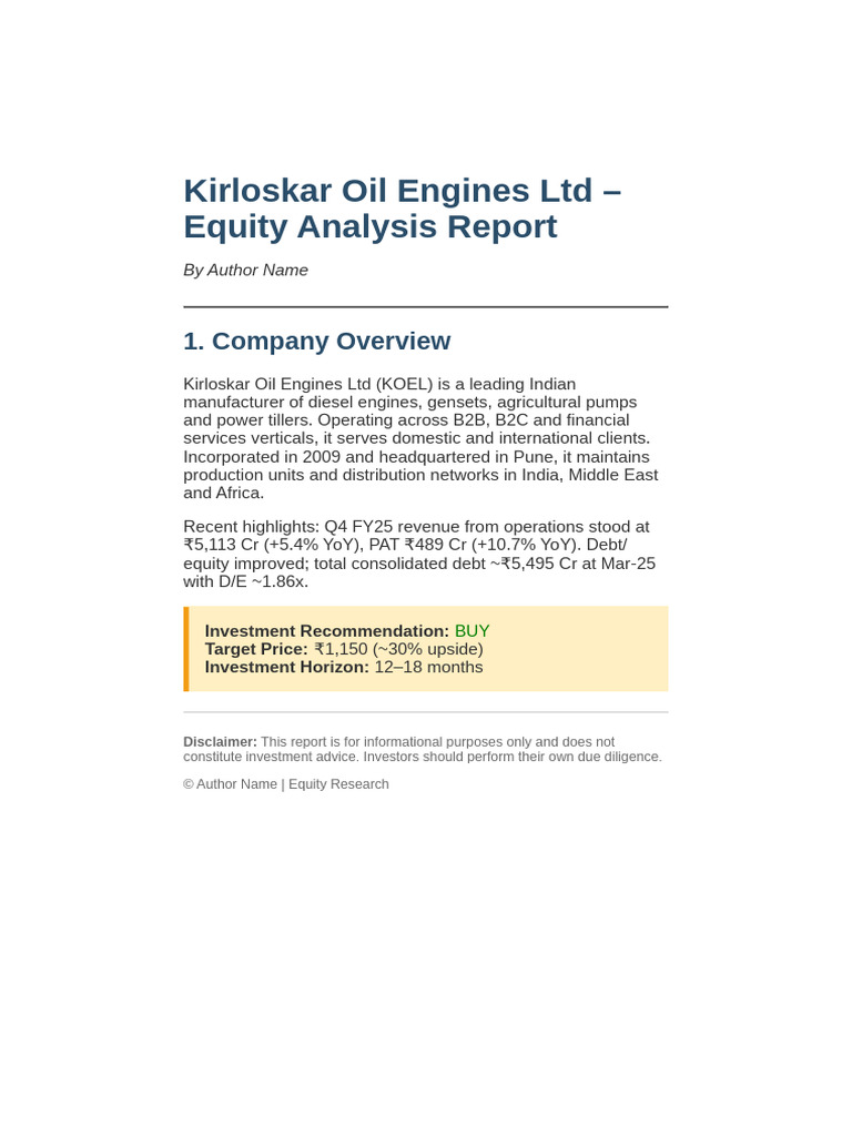 Kirloskar Oil Engines Equity Analysis 2023 | PDF