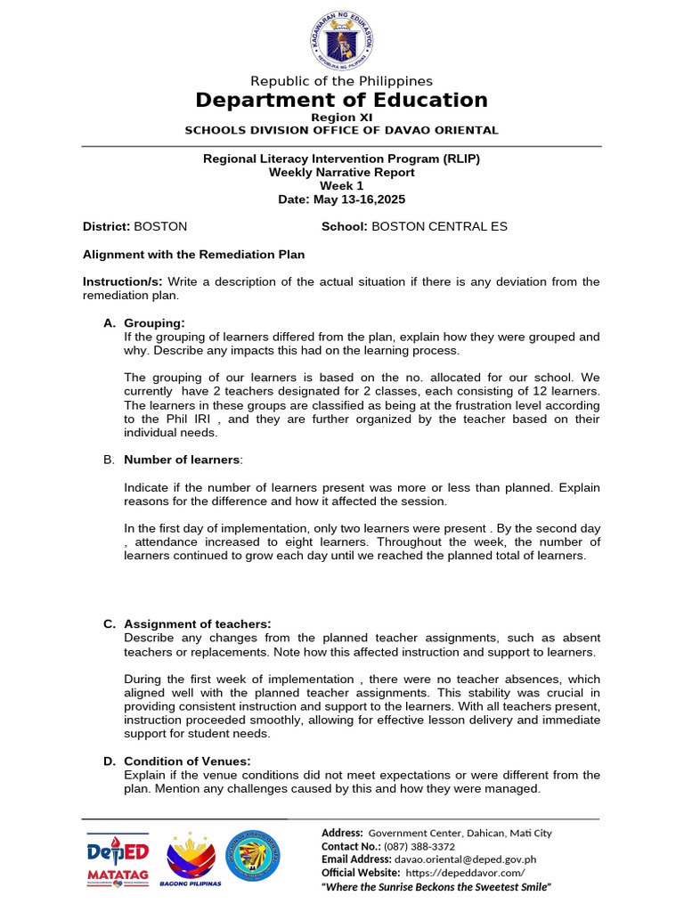 RLIP Weekly Report: Boston Central ES | PDF | Human Communication ...