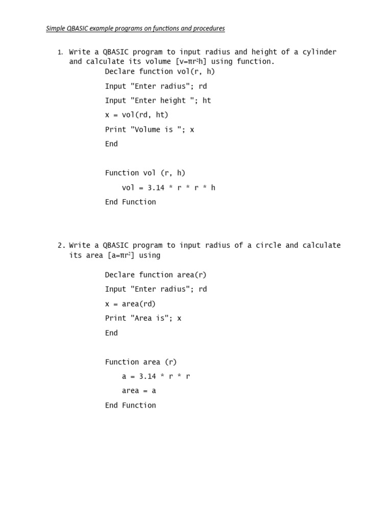 QBASIC Functions and Procedures Examples | PDF | Area | Geometric Objects