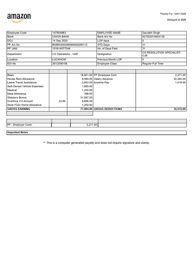 Amazon Payslip for May 2025 | PDF | Labor | Wages And Salaries