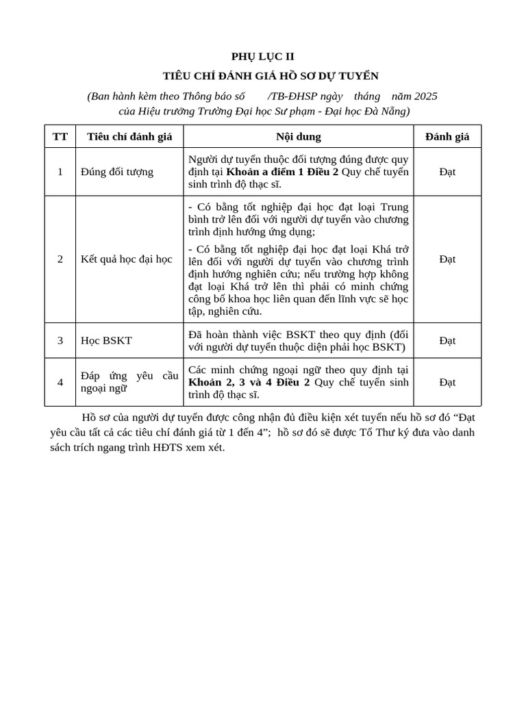 2 Phu Luc II Tieu Chi Danh Gia Xet Tuyen | PDF